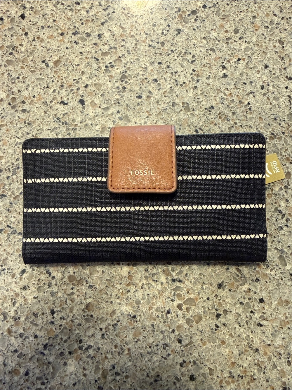 Fossil Black Wallet with Tan Snap and Cream Stripe Detail